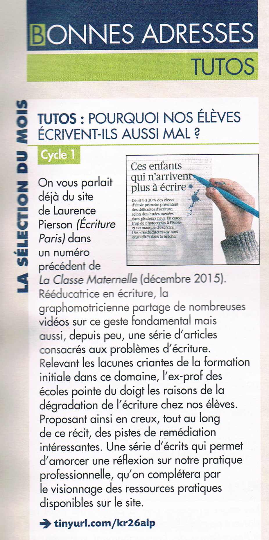 article Laurence Pierson rééducation écriture classe maternelle