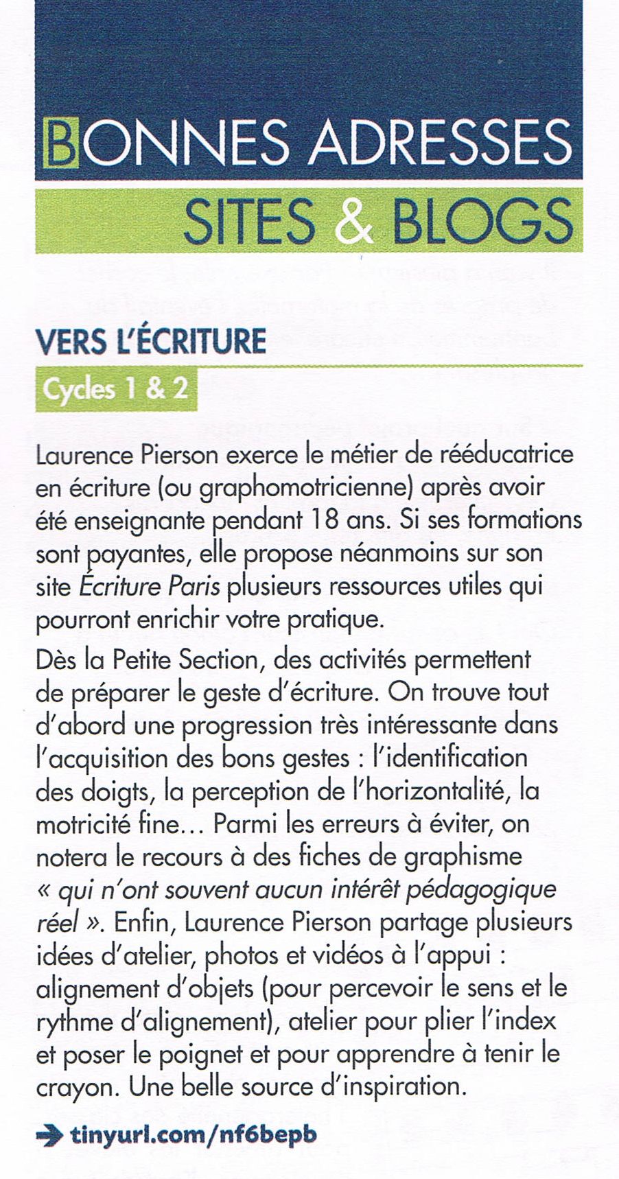 article Laurence Pierson rééducation écriture classe maternelle